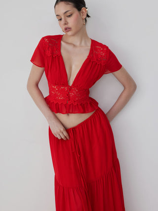 Chiffon Lace V-neck Top & Mid Rise Pleated Maxi Skirt Set