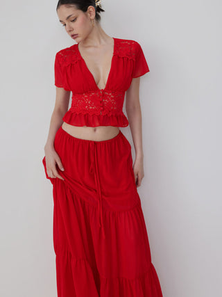 Chiffon Lace V-neck Top & Mid Rise Pleated Maxi Skirt Set