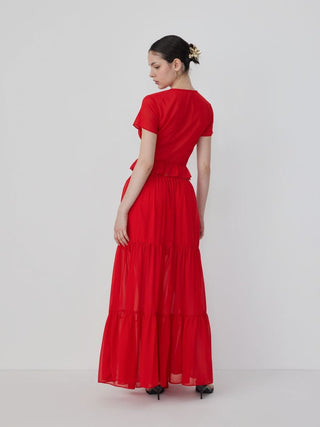 Chiffon Lace V-neck Top & Mid Rise Pleated Maxi Skirt Set