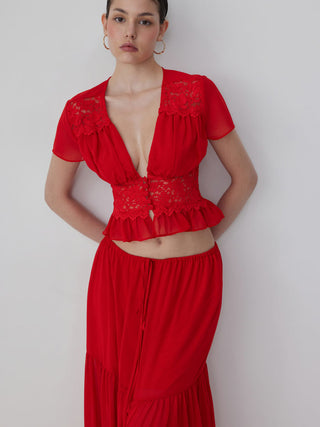 Chiffon Lace V-neck Top & Mid Rise Pleated Maxi Skirt Set