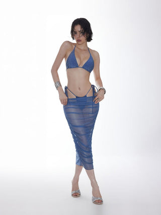 Halter Neckline Glitter Triangle Top & Ruched Tie Side Bottoms With Sheer Skirt 3 Piece Bikini Set