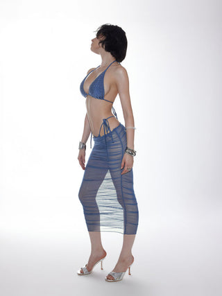 Halter Neckline Glitter Triangle Top & Ruched Tie Side Bottoms With Sheer Skirt 3 Piece Bikini Set