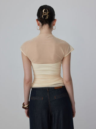 Mesh High Neck Sleeveless Draped Ruched Top