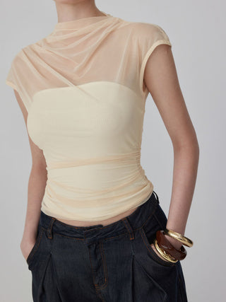 Mesh High Neck Sleeveless Draped Ruched Top