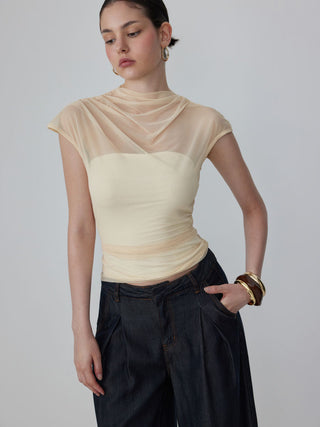 Mesh High Neck Sleeveless Draped Ruched Top