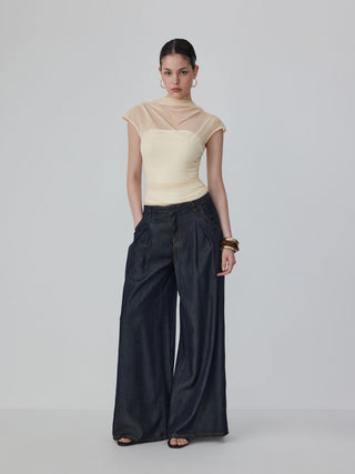 Mesh High Neck Sleeveless Draped Ruched Top