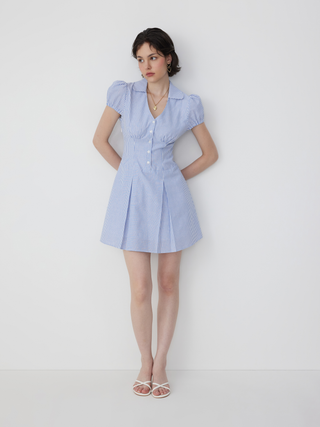 Cotton-Blend Striped Polo Neck Puff Sleeve Shirt Mini Dress