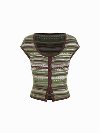Knit Scoop Neck Short Sleeve Pointelle Hollow Out Cardigan