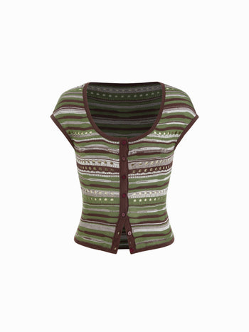 Knit Scoop Neck Short Sleeve Pointelle Hollow Out Cardigan