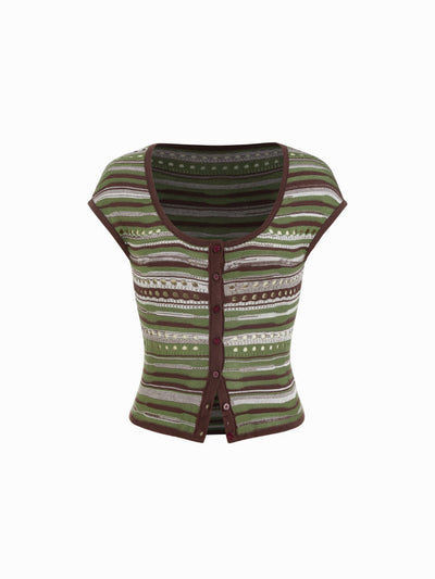 Knit Scoop Neck Short Sleeve Pointelle Hollow Out Cardigan