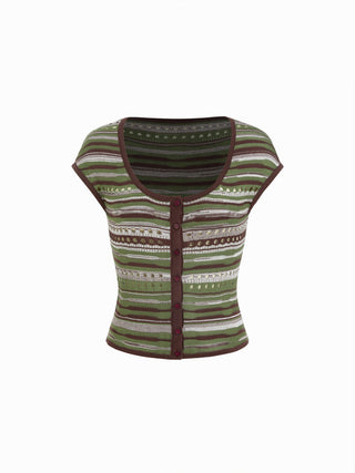 Knit Scoop Neck Short Sleeve Pointelle Hollow Out Cardigan