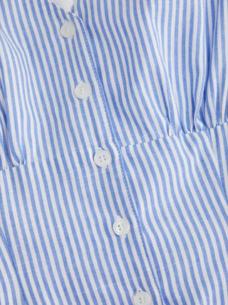 Cotton-Blend Striped Polo Neck Puff Sleeve Shirt Mini Dress