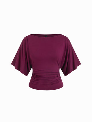 Modal-blend Boat Neck Short Sleeve Cut Out Ruched Top