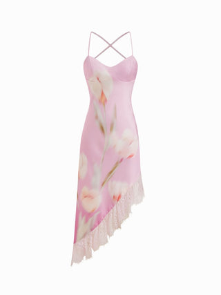Satin Floral Graphic Lace Trim Asymmetrical Hem A-line Maxi Cami Dress