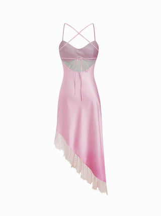 Satin Floral Graphic Lace Trim Asymmetrical Hem A-line Maxi Cami Dress
