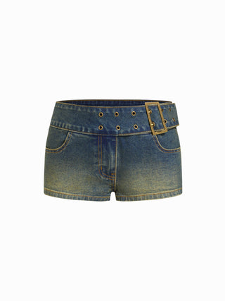 Washed Denim Low Rise Metal Buckle Belted Micro Shorts