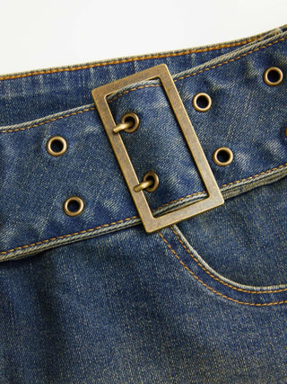 Washed Denim Low Rise Metal Buckle Belted Micro Shorts