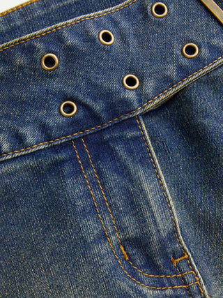 Washed Denim Low Rise Metal Buckle Belted Micro Shorts