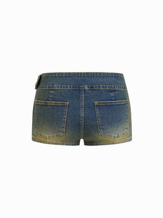 Washed Denim Low Rise Metal Buckle Belted Micro Shorts