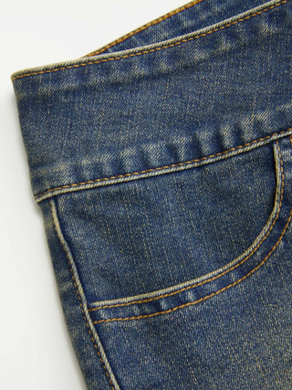 Washed Denim Low Rise Metal Buckle Belted Micro Shorts