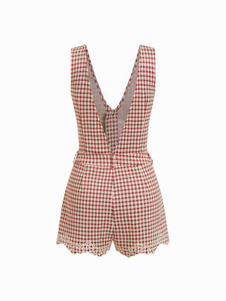 Jacquard Gingham V-neck Floral Embroidery Mid Rise Romper