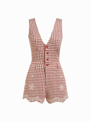 Jacquard Gingham V-neck Floral Embroidery Mid Rise Romper