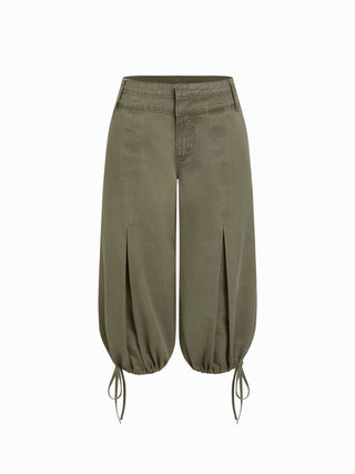 Washed Denim Low Rise Drawstring Hem Pleated Oversized Jogger Bermuda Jorts