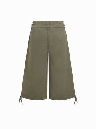 Washed Denim Low Rise Drawstring Hem Pleated Oversized Jogger Bermuda Jorts