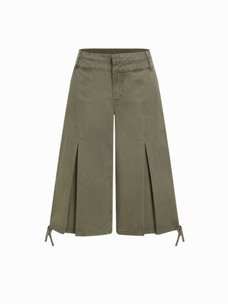 Washed Denim Low Rise Drawstring Hem Pleated Oversized Jogger Bermuda Jorts