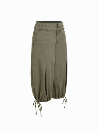 Washed Denim Low Rise Drawstring Hem Pleated Oversized Jogger Bermuda Jorts