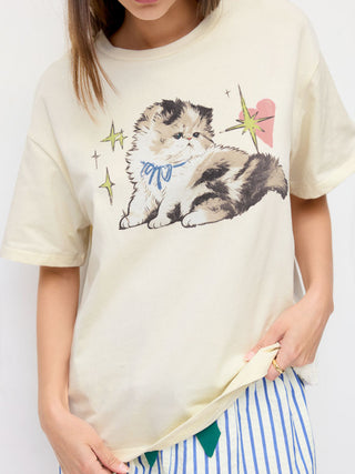 Cotton-blend Cat Graphic Short Sleeve Oversized Tee