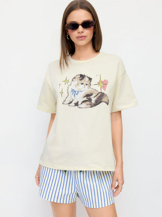 Cotton-blend Cat Graphic Short Sleeve Oversized Tee