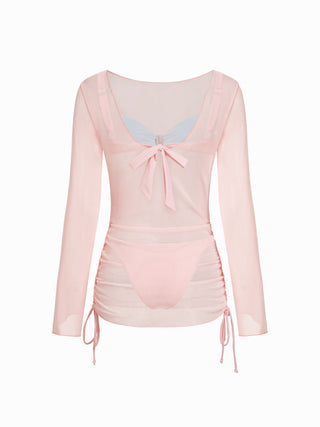 Sweetheart Bowknot Drawstring Bikini Set with Cover Up