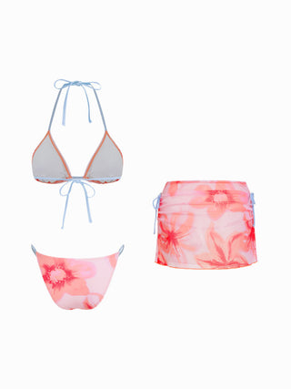 Floral Halter Neckline Triangle Bikini Set With Ruched Tie Side Skirt