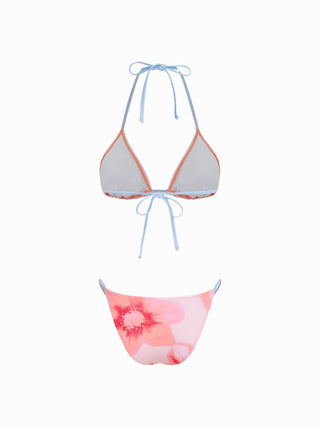 Floral Halter Neckline Triangle Bikini Set With Ruched Tie Side Skirt