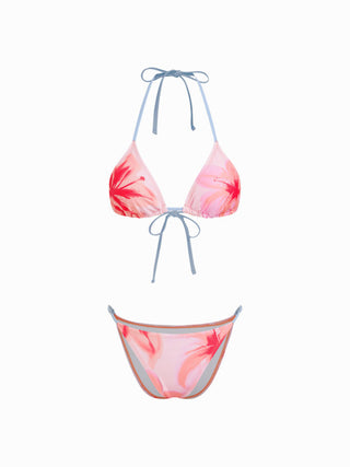 Floral Halter Neckline Triangle Bikini Set With Ruched Tie Side Skirt