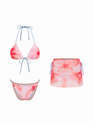 Floral Halter Neckline Triangle Bikini Set With Ruched Tie Side Skirt