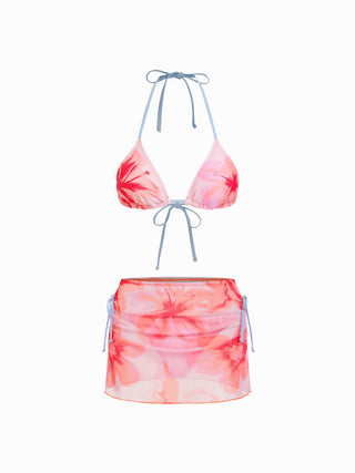 Floral Halter Neckline Triangle Bikini Set With Ruched Tie Side Skirt
