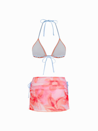 Floral Halter Neckline Triangle Bikini Set With Ruched Tie Side Skirt