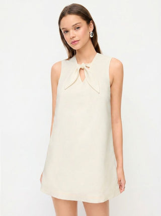 Linen-blend Bowknot Oversized Mini Shift Dress
