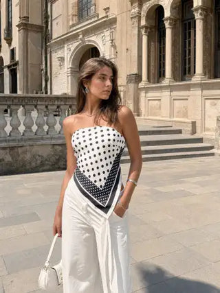 Polka Dot Strapless Shirred Asymmetrical Hem Bandeau Top