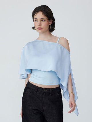 Satin Asymmetrical Neck Short Sleeve Cape Blouse