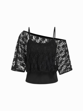 Jersey Asymmetrical Neck Floral Lace Poncho Top