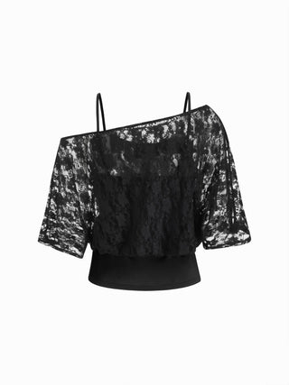 Jersey Asymmetrical Neck Floral Lace Poncho Top