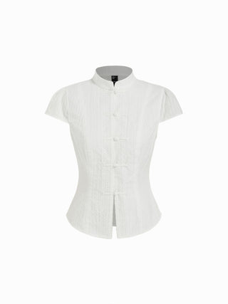 Mandarin Collar Frog Button Cap Sleeve Blouse