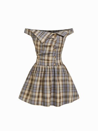 Plaid Off-shoulder Asymmetrical Metal Detail A-line Mini Dress
