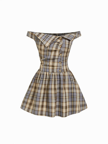 Plaid Off-shoulder Asymmetrical Metal Detail A-line Mini Dress