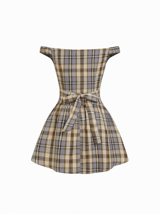 Plaid Off-shoulder Asymmetrical Metal Detail A-line Mini Dress