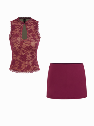 Lace Cut Out Halter Neck Top & Low Rise A-line Mini Skirt Set