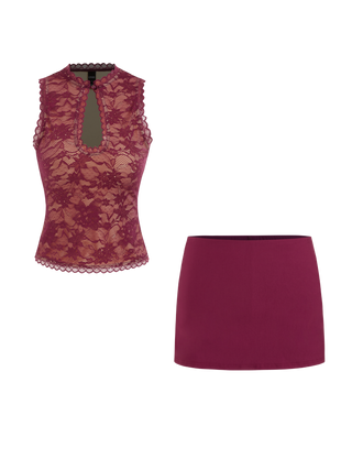 Lace Cut Out Halter Neck Top & Low Rise A-line Mini Skirt Set